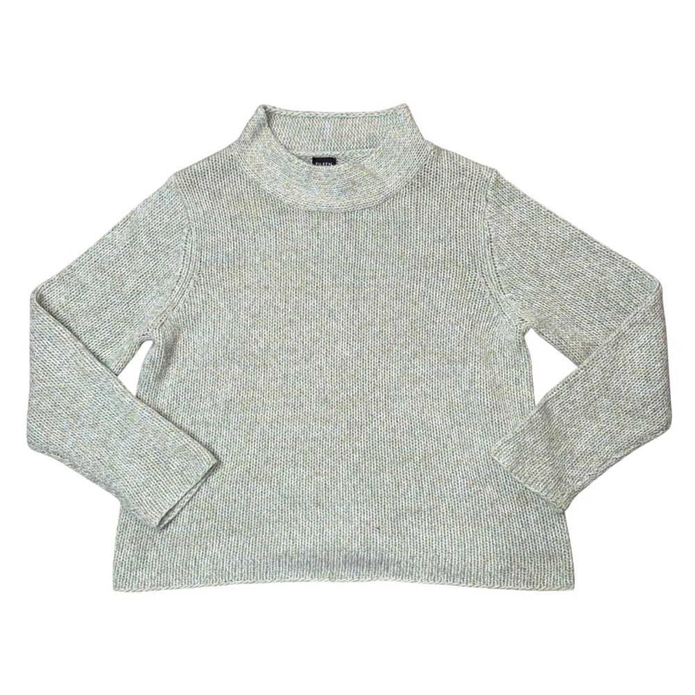 Eileen Fisher Sweater‎ Womens Large Green Wool Cashmere Italian Yarn Mock Neck